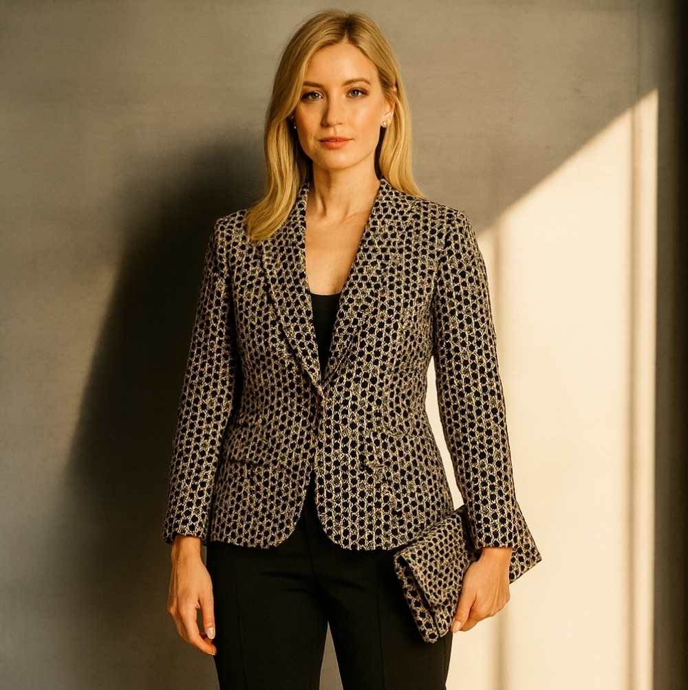 Women's Black and Cream Sequined Patterned Blazer. Size Large.